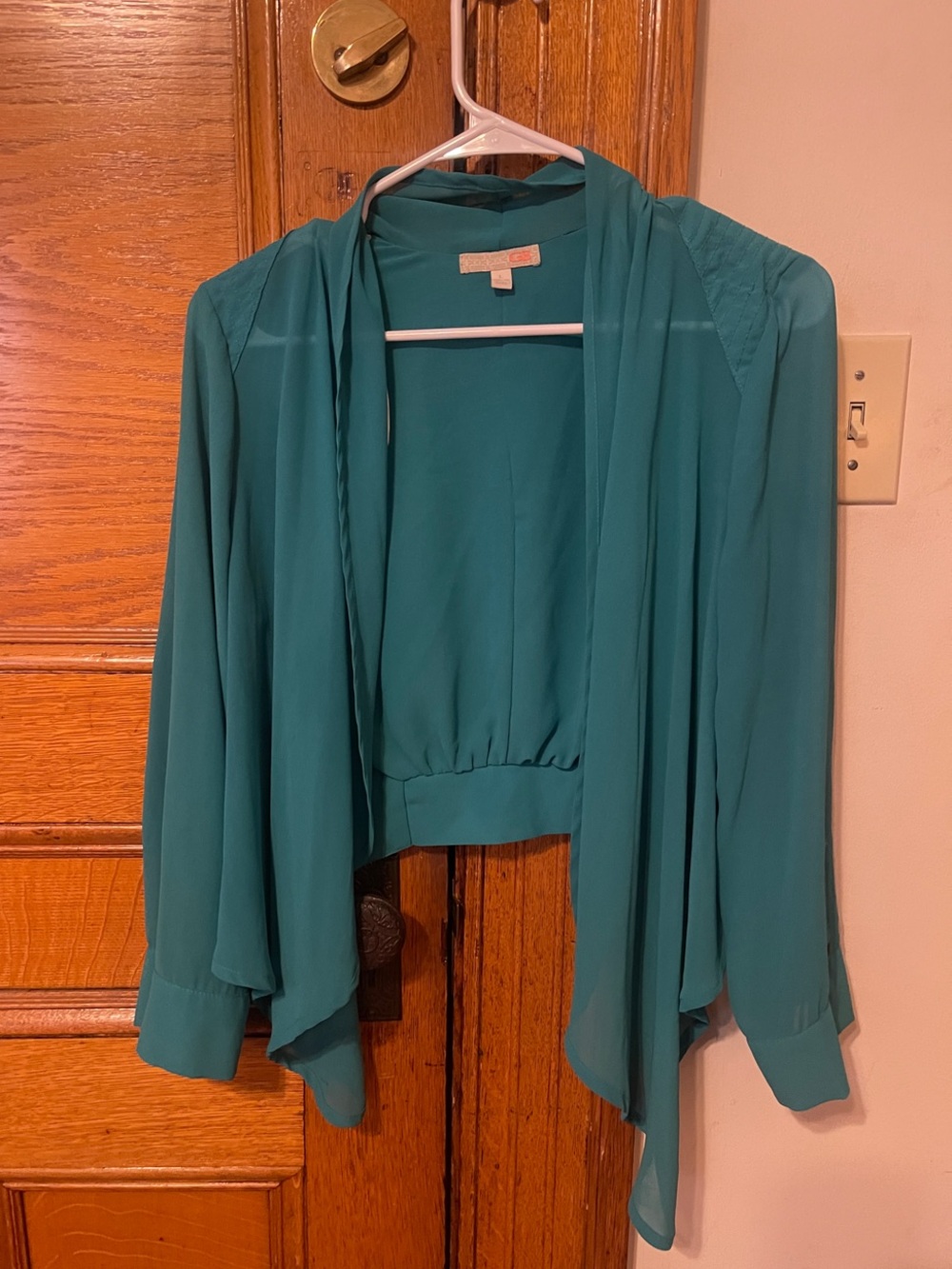 Teal Draped Sheer Open Front Women’s Blouse
